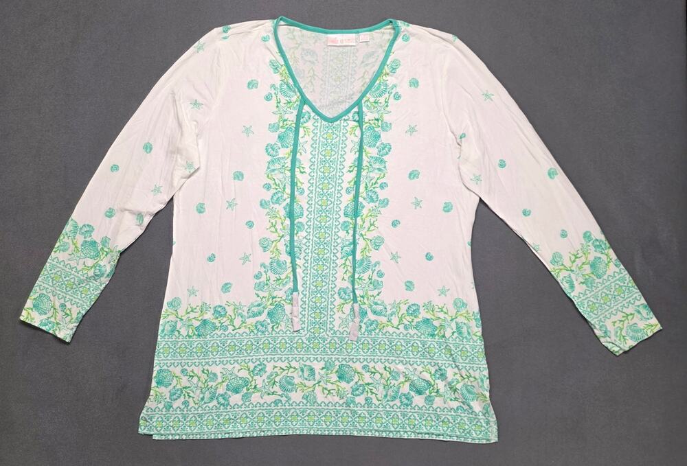 Belle Kim Gravel Womens Medium Top Blouse Sea Shell Coastal Green Resort Beach